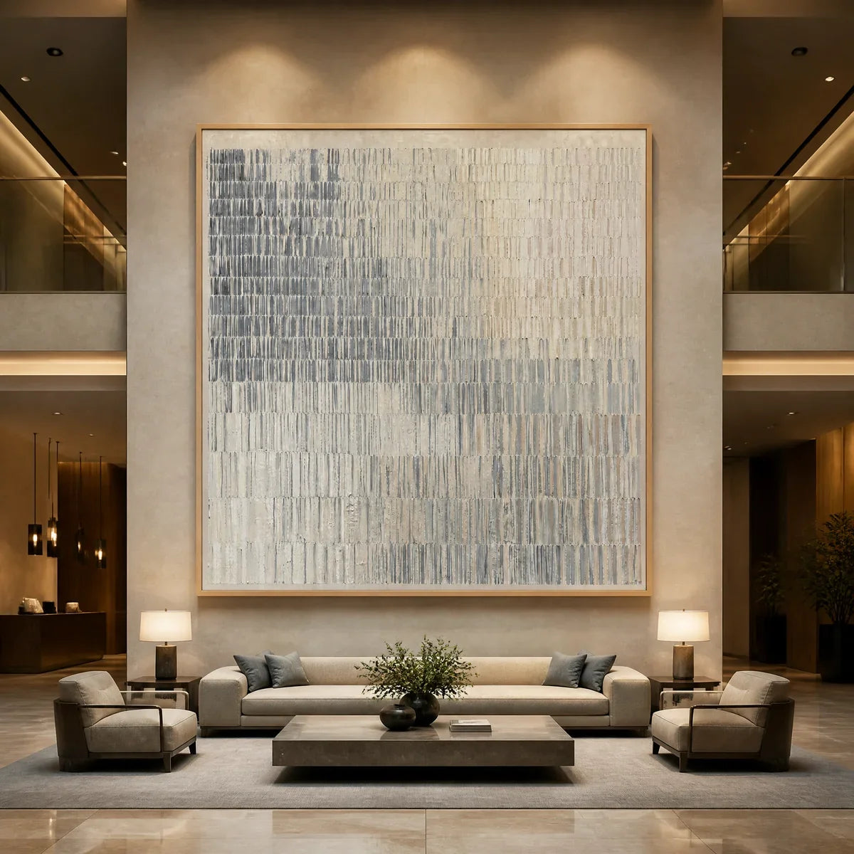 Grey and White Wabi-Sabi Abstract Oil Painting – Grey Line Calm