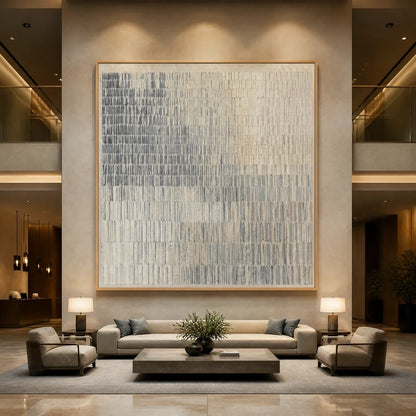 Grey and White Wabi-Sabi Abstract Oil Painting – Grey Line Calm