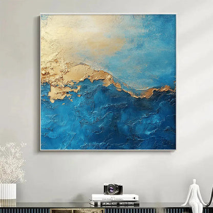 Gilded Tidepool hand-painted ocean blue and gold textured coastal abstract painting shown as stretched canvas