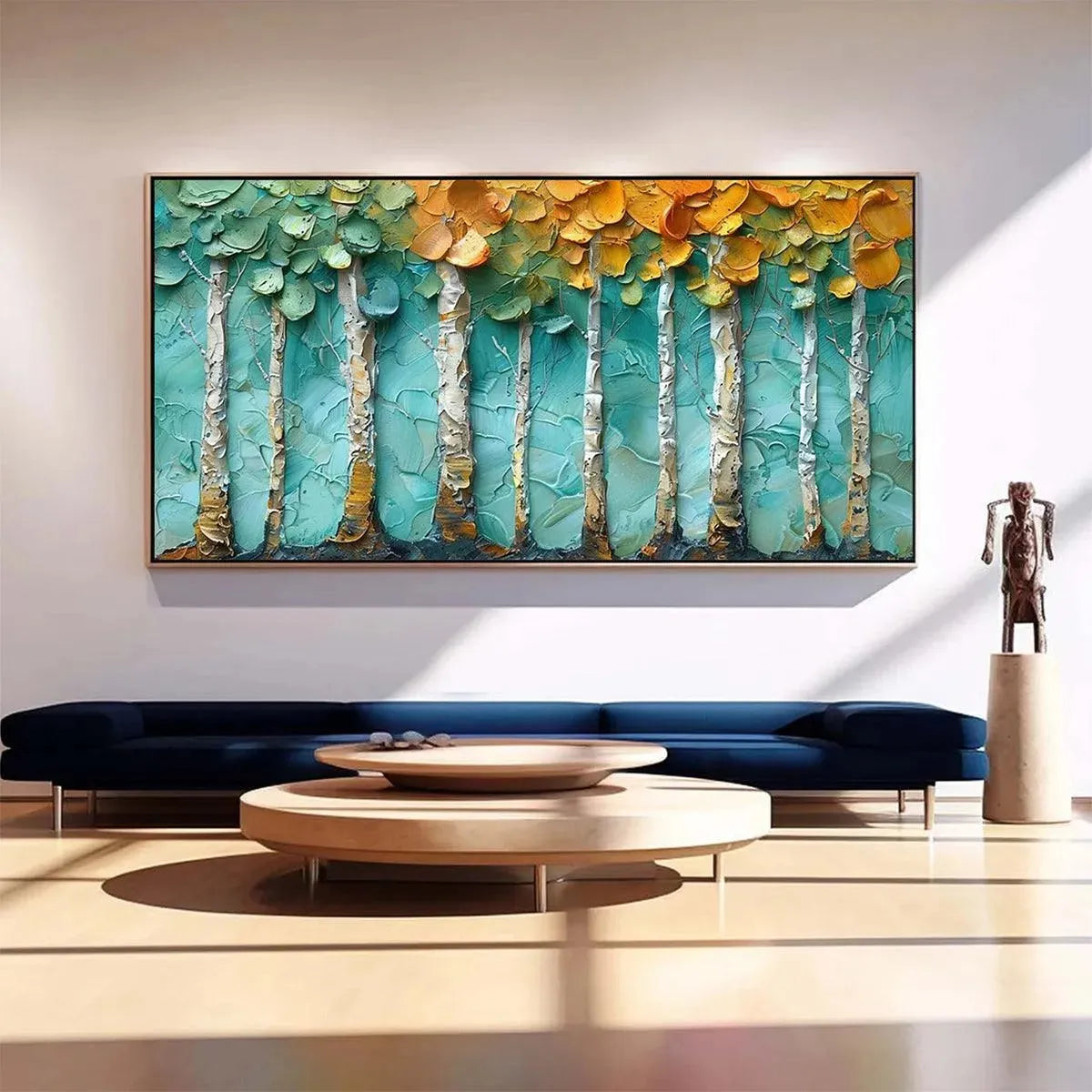Golden Aspen Grove hand-painted gold and ivory textured forest landscape painting shown as stretched canvas