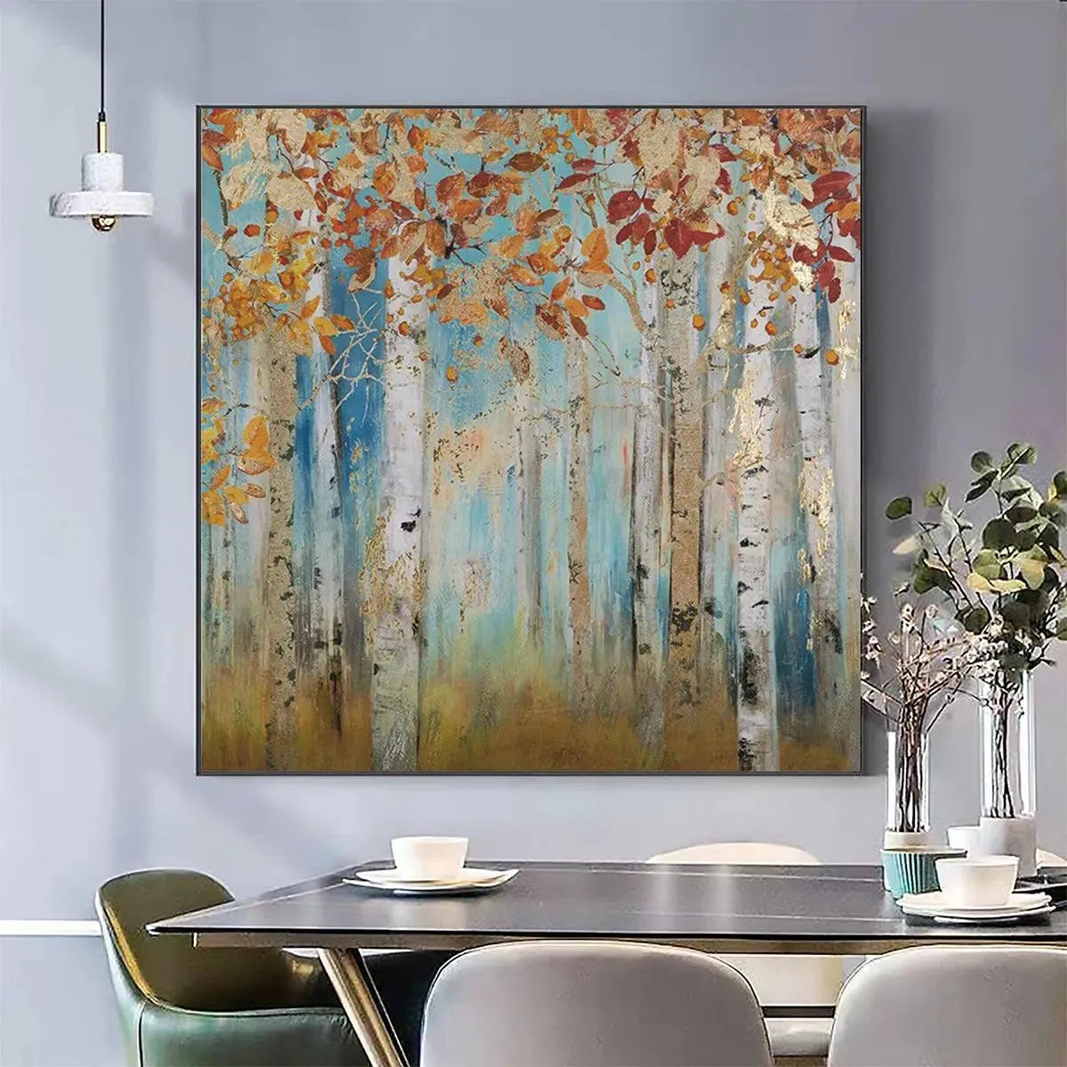 Golden Autumn Forest hand-painted gold and ivory textured forest landscape painting shown as stretched canvas
