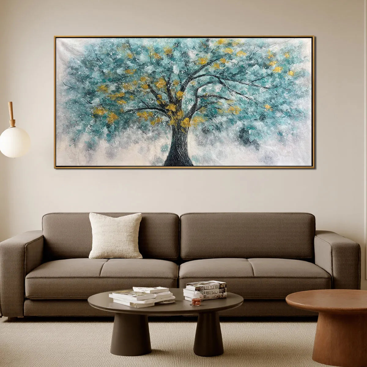 Golden Autumn hand-painted ocean blue and gold textured tree painting shown as stretched canvas