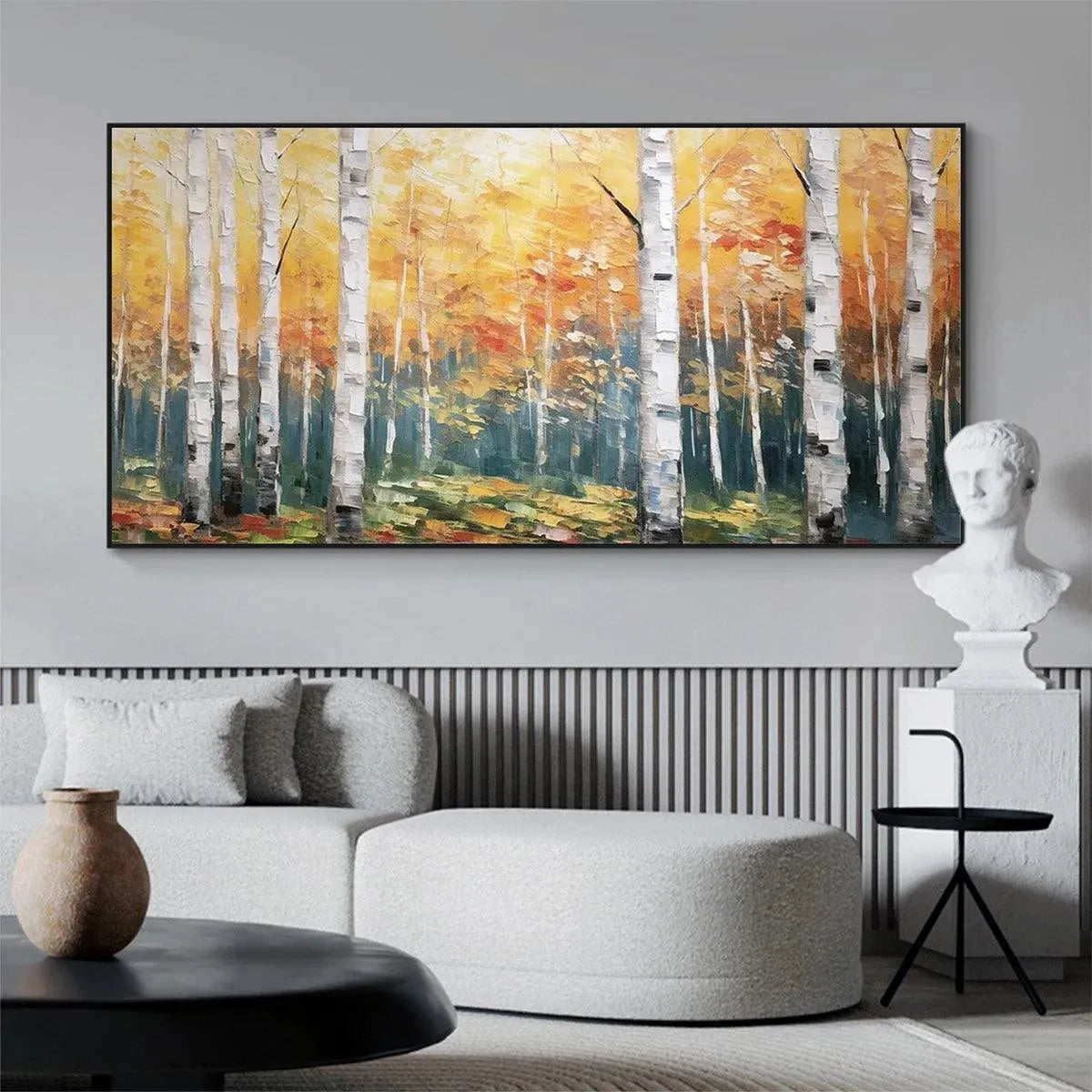 Golden Birch Grove hand-painted white, gold and yellow textured forest landscape painting shown as stretched canvas