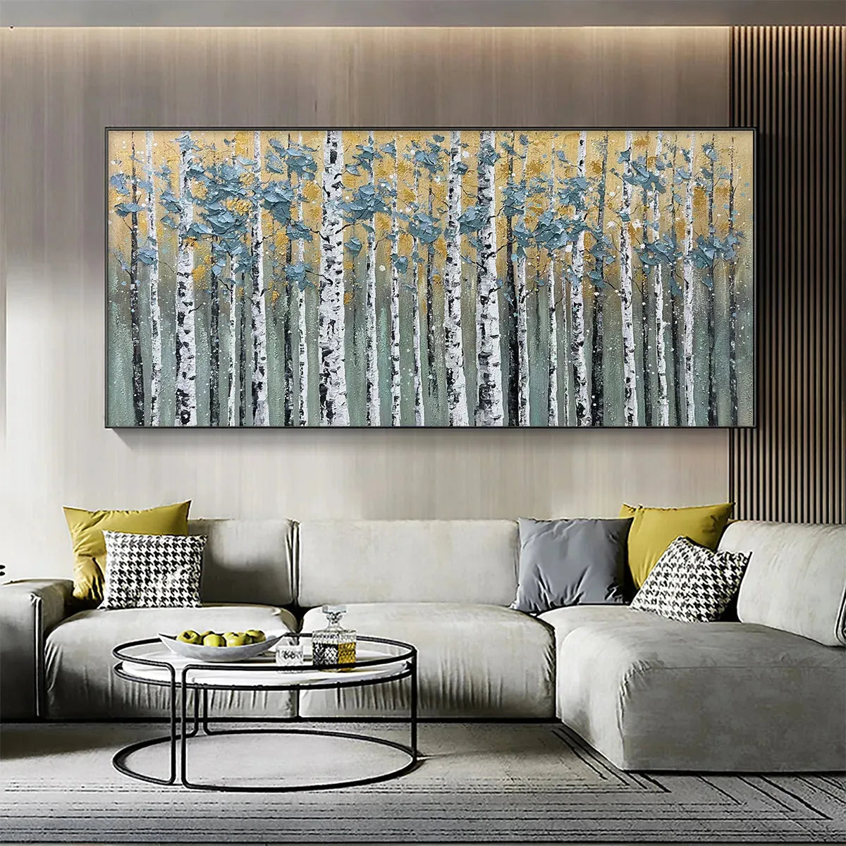 Golden Birch Grove hand-painted white, green and gold textured forest landscape painting shown as stretched canvas