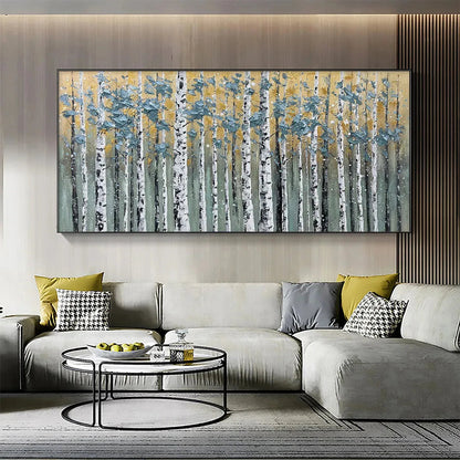 Golden Birch Grove hand-painted white, green and gold textured forest landscape painting shown as stretched canvas