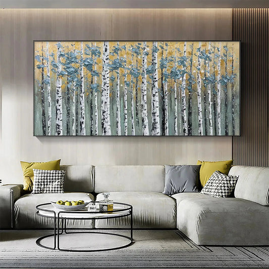 Golden Birch Grove hand-painted white, green and gold textured forest landscape painting shown as stretched canvas