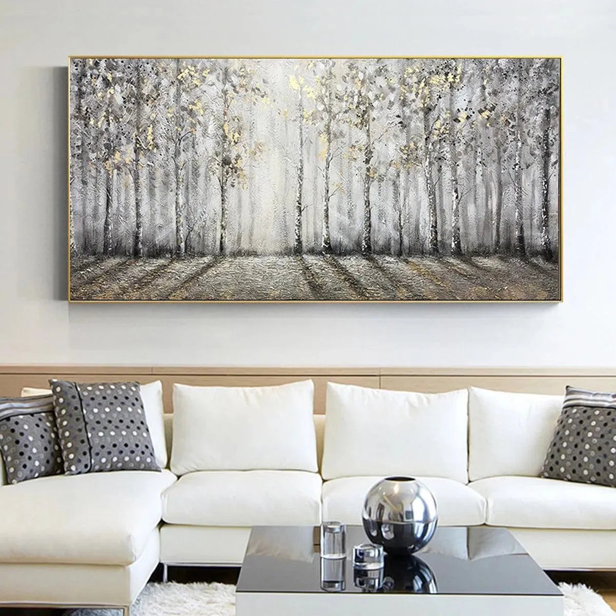 Golden Birchwood hand-painted gold and ivory textured forest landscape painting shown with wood frame