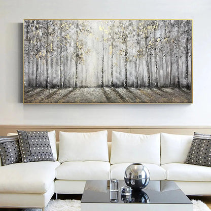 Golden Birchwood hand-painted gold and ivory textured forest landscape painting shown with wood frame