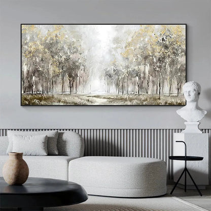 Golden Forest Path hand-painted soft grey and gold textured forest path painting shown with black frame