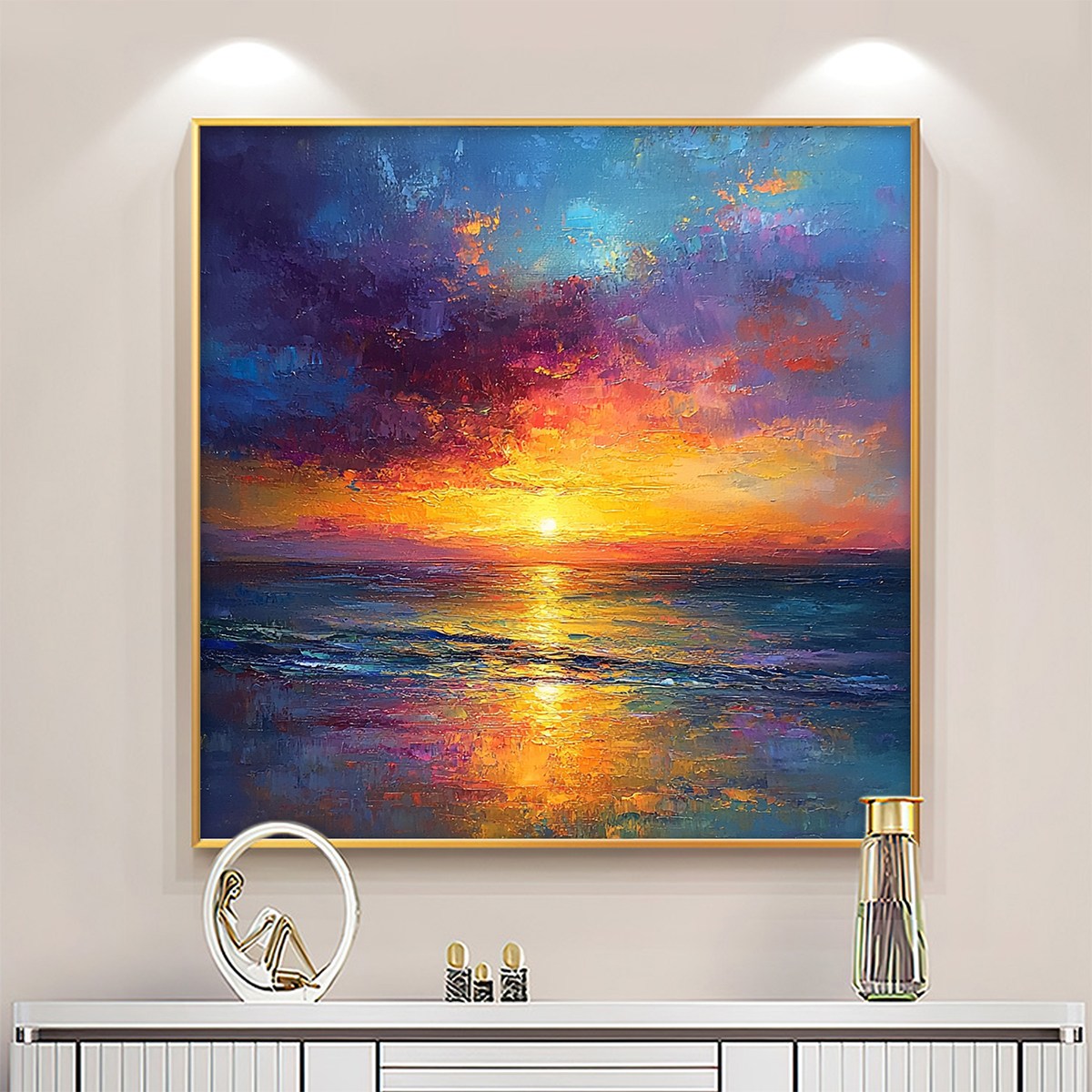 Golden Hour hand-painted gold, orange, pink and violet textured sunset seascape painting shown as stretched canvas