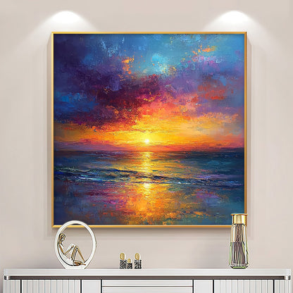 Golden Hour hand-painted gold, orange, pink and violet textured sunset seascape painting shown as stretched canvas