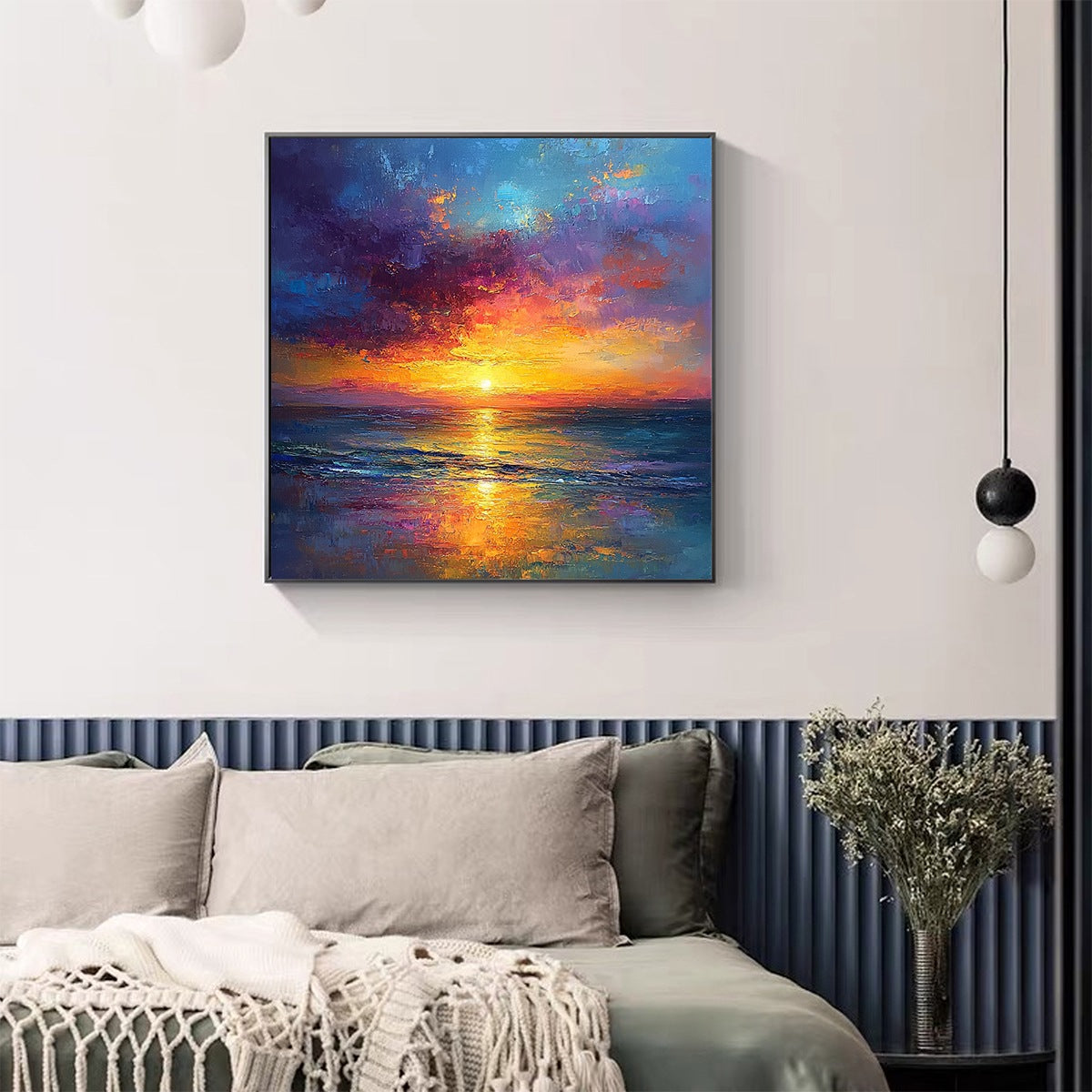 Golden Hour hand-painted gold, orange, pink and violet textured sunset seascape painting shown with wood frame