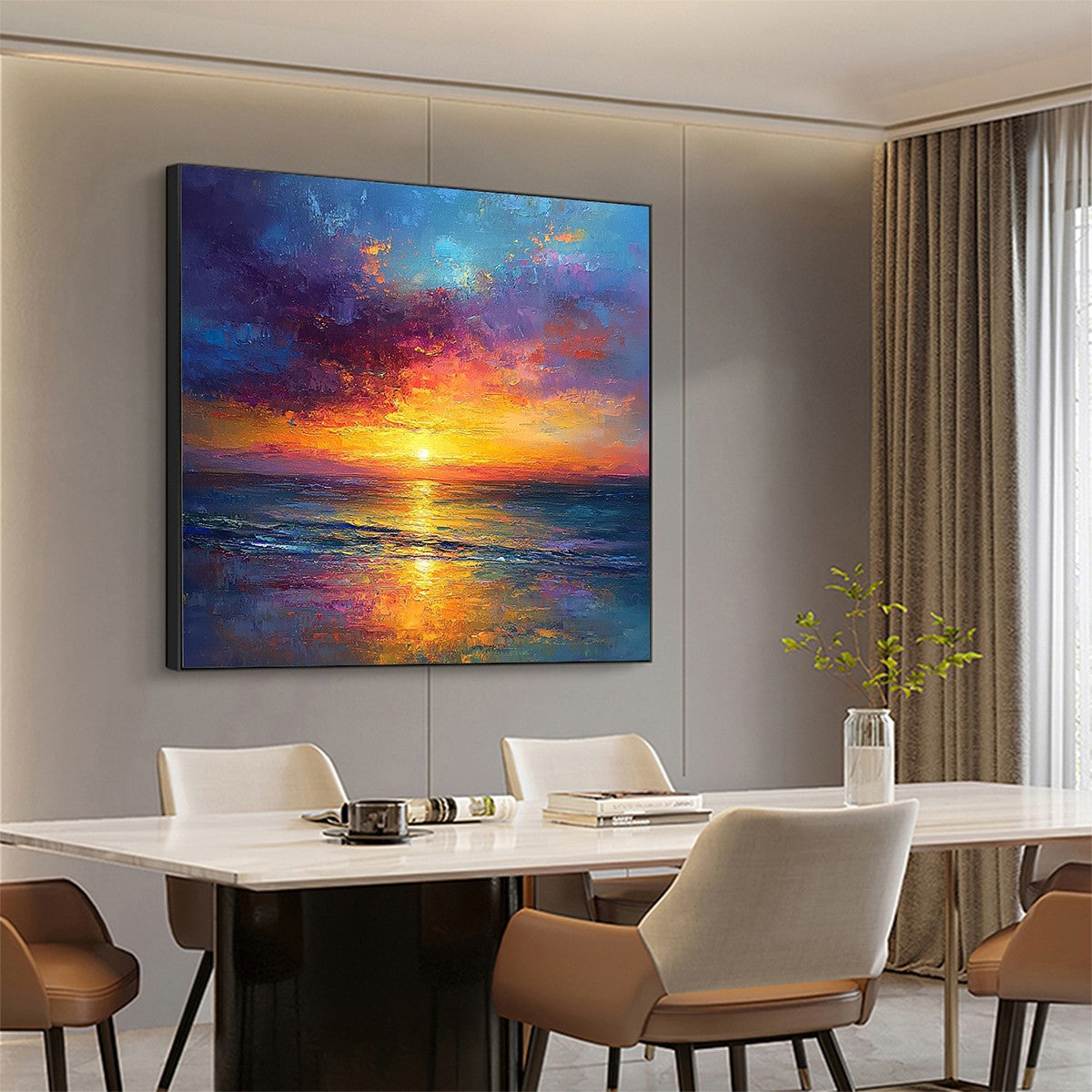 Golden Hour hand-painted gold, orange, pink and violet textured sunset seascape painting shown with white frame