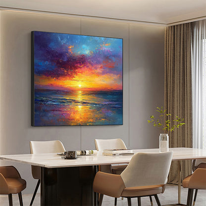 Golden Hour hand-painted gold, orange, pink and violet textured sunset seascape painting shown with white frame