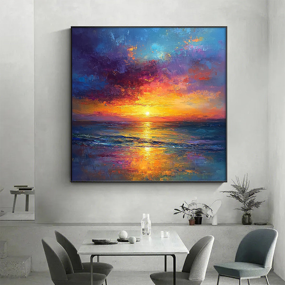 Golden Hour hand-painted gold, orange, pink and violet textured sunset seascape painting rolled canvas option