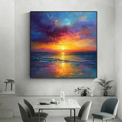 Golden Hour hand-painted gold, orange, pink and violet textured sunset seascape painting rolled canvas option