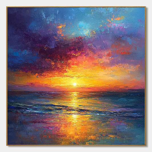 Golden Hour hand-painted gold, orange, pink and violet textured sunset seascape painting rolled canvas option