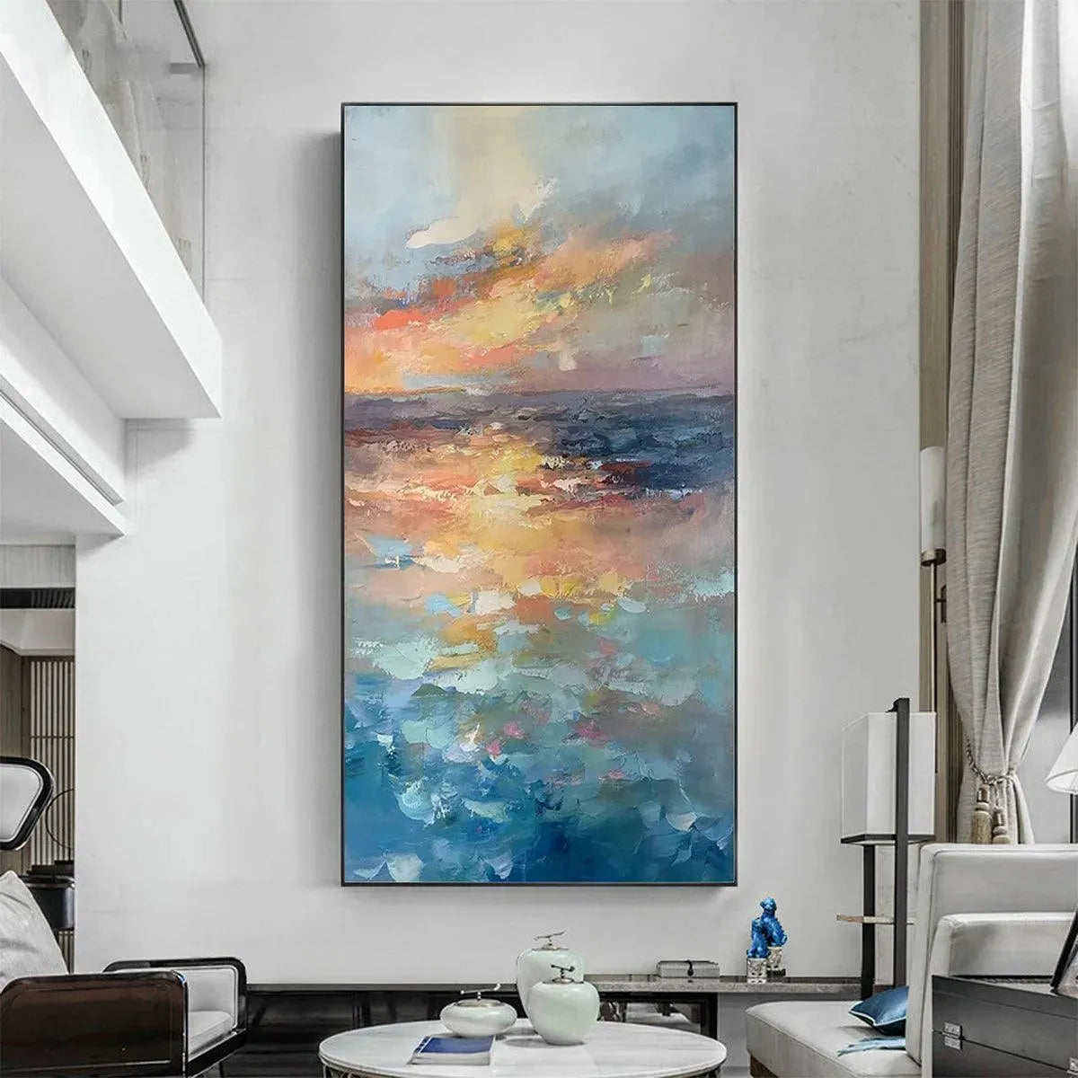 Golden Hour Seascape hand-painted gold, orange and pink textured sunset seascape painting rolled canvas option