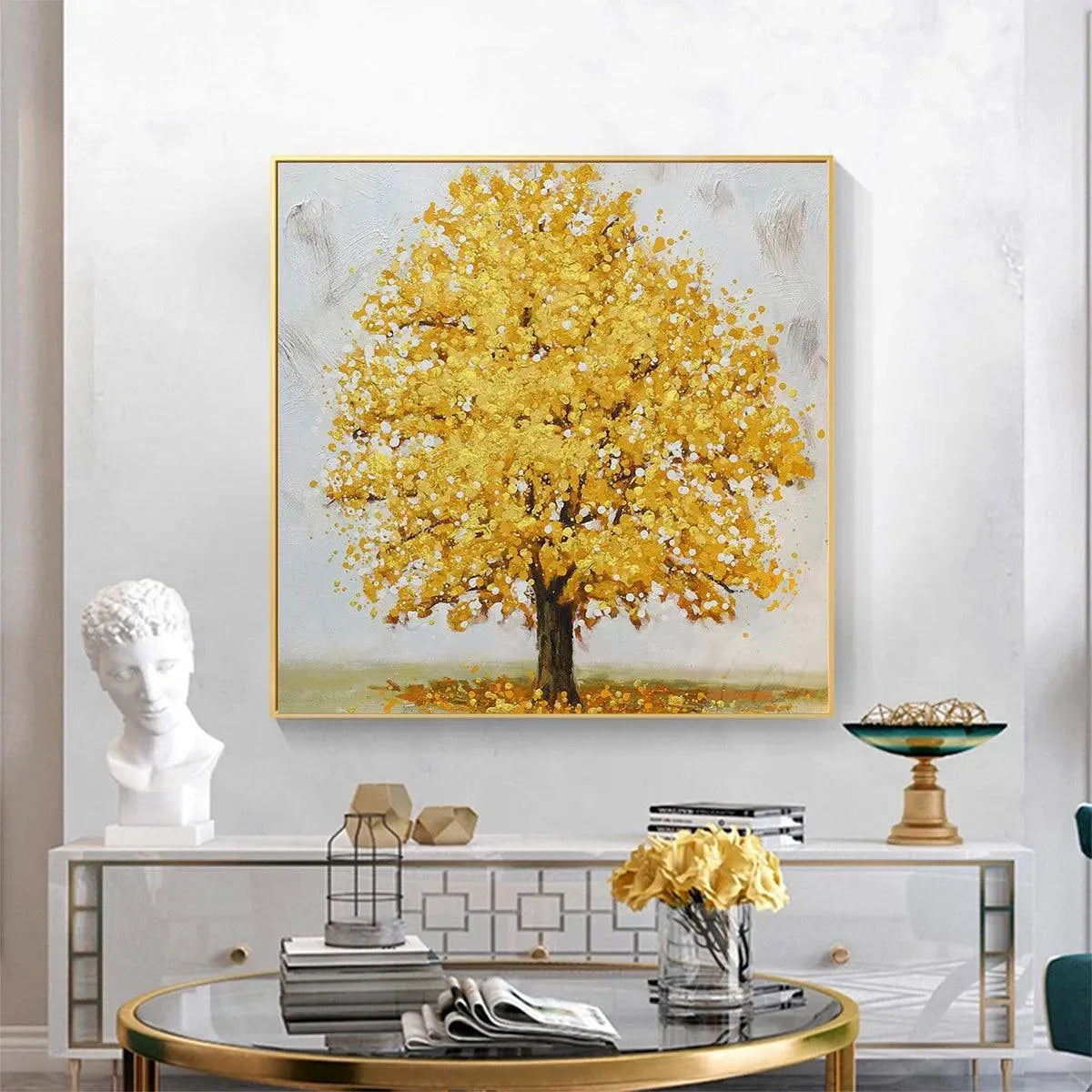 Golden Majesty hand-painted gold and ivory textured tree painting shown as stretched canvas