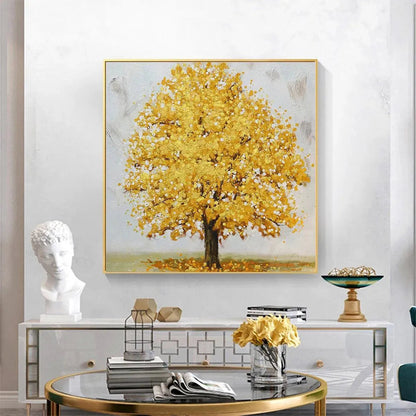 Golden Majesty hand-painted gold and ivory textured tree painting shown as stretched canvas