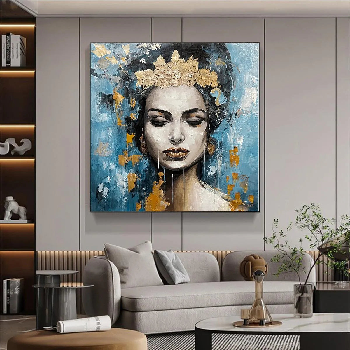 Blue and Gold Figurative Oil Painting – Golden Muse