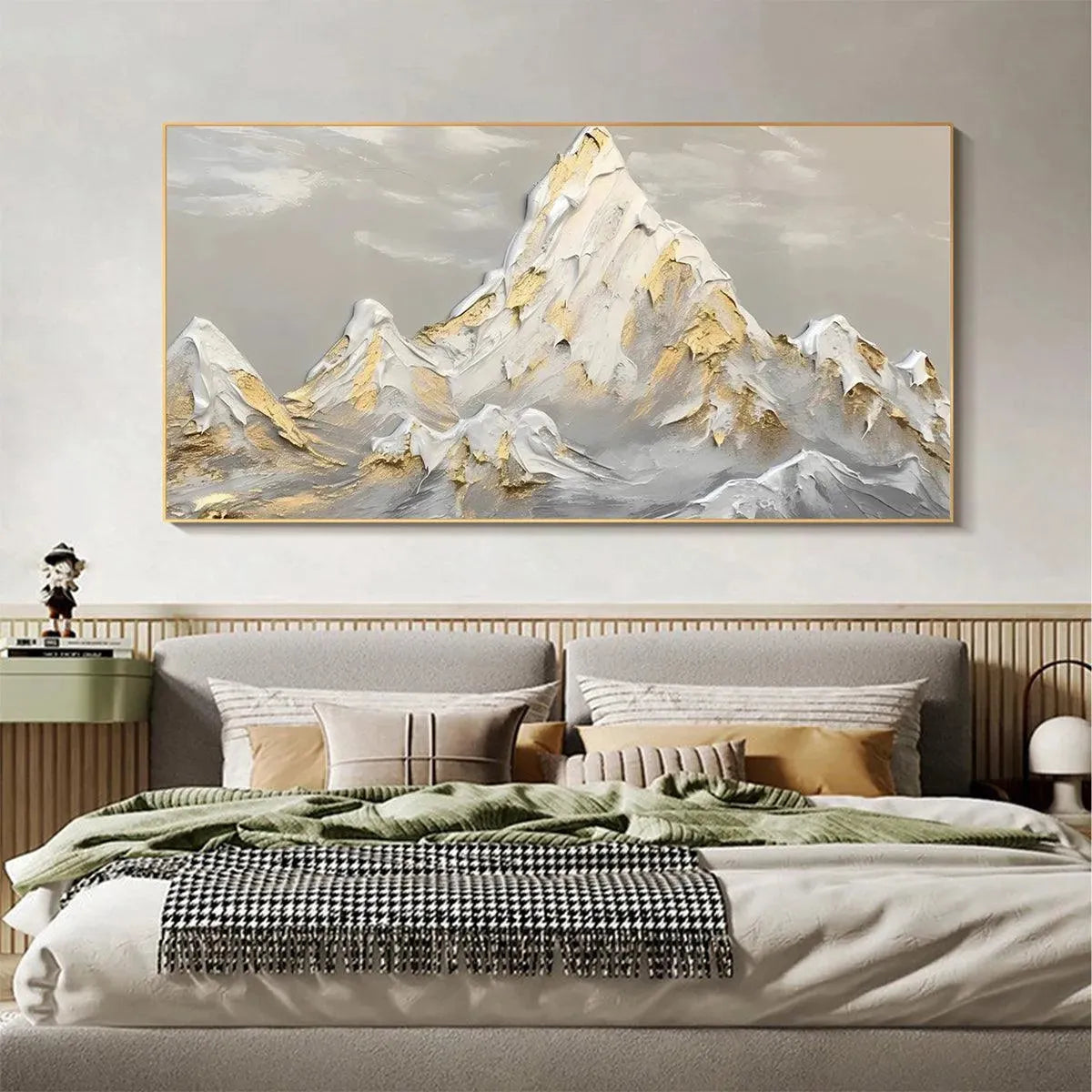 Golden Peaks hand-painted soft grey and gold textured mountain landscape painting shown as stretched canvas