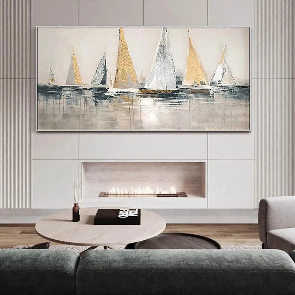 Golden Regatta hand-painted gold and ivory textured sailboat seascape painting shown as stretched canvas
