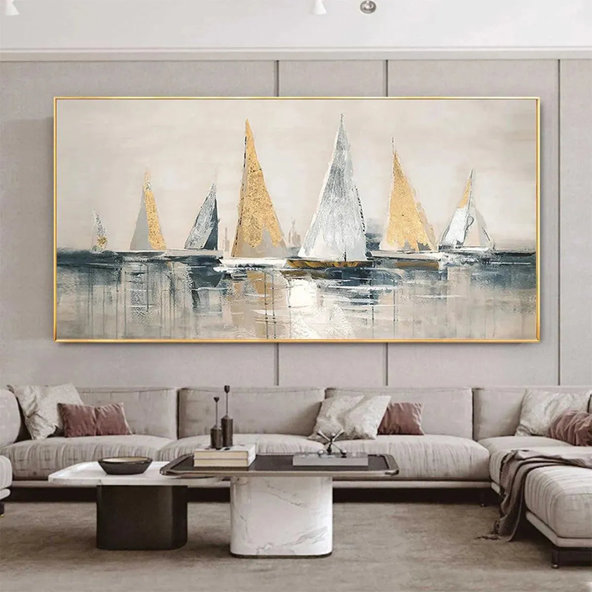 Golden Sailboats hand-painted white, ocean blue and gold textured sailboat seascape painting shown as stretched canvas