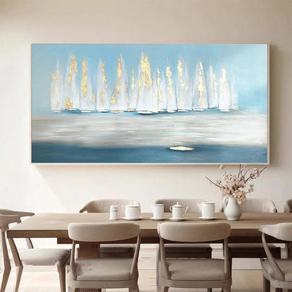 Golden Sails hand-painted gold and ivory textured sailboat seascape painting shown with gold frame