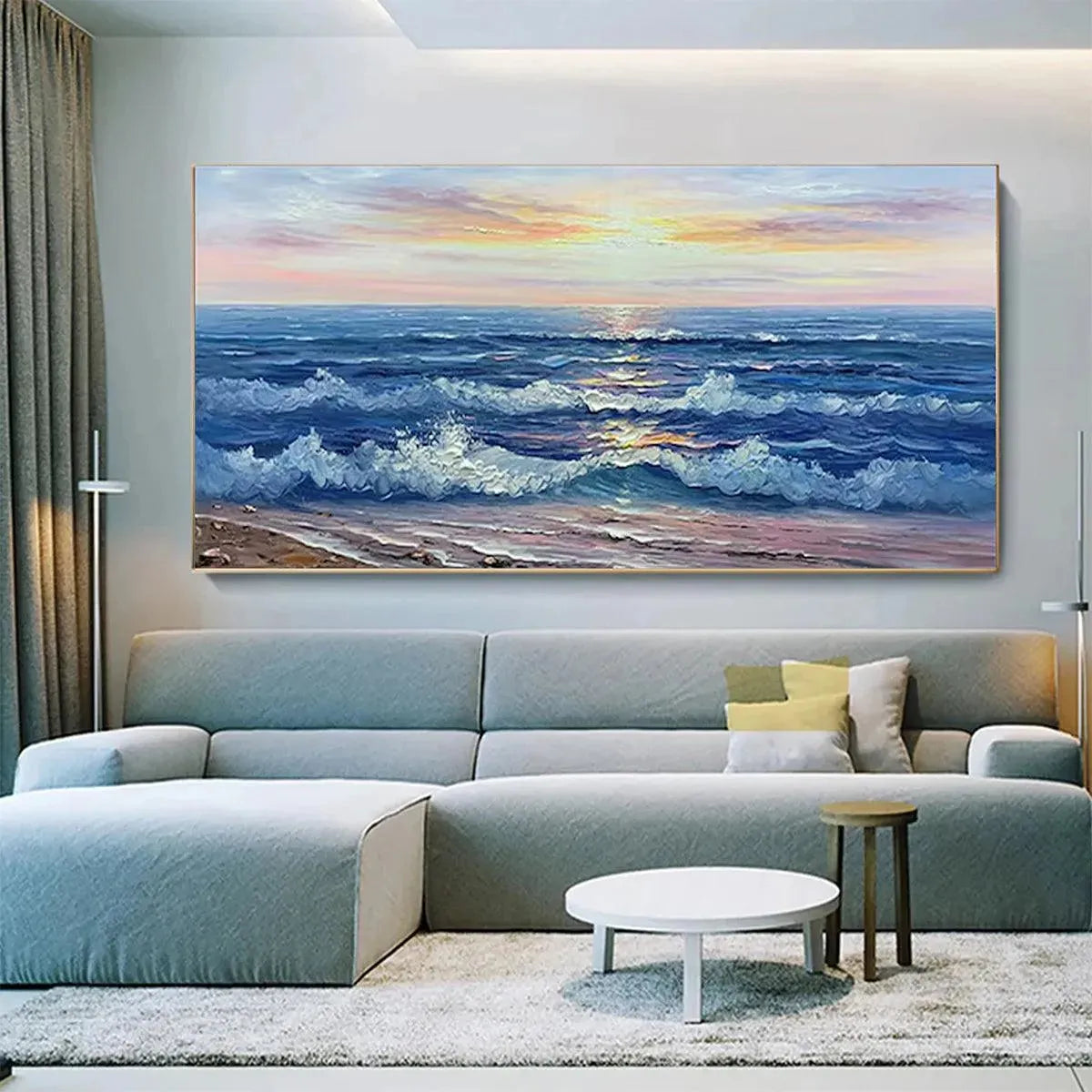 Golden Sunset Serenade hand-painted gold and ivory textured sunset seascape painting shown as stretched canvas