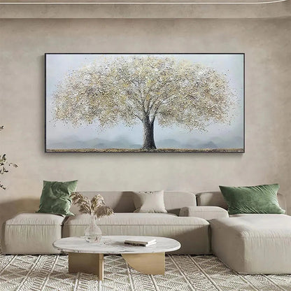 Golden Tree hand-painted soft grey and gold textured tree painting shown as stretched canvas