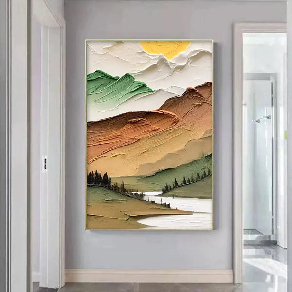 Golden Valley hand-painted green, gold and orange textured mountain valley painting shown with gold frame
