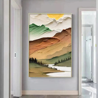 Golden Valley hand-painted green, gold and orange textured mountain valley painting shown with gold frame