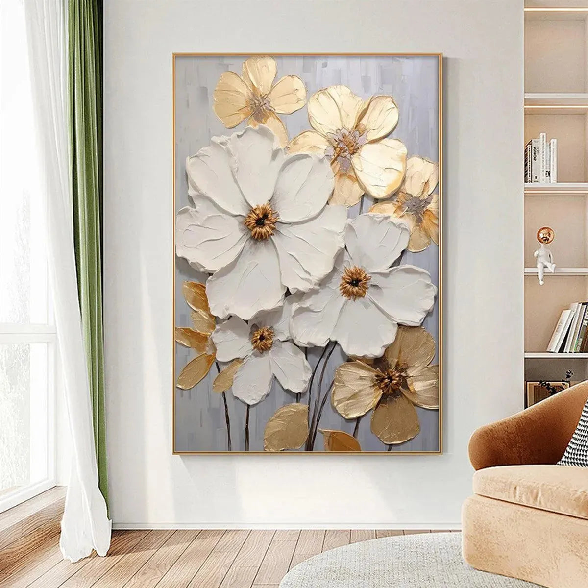 Gold and White Floral Impasto Painting – Golden Whispers