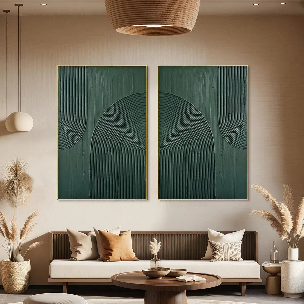 Green Textured Arches Diptych – Wabi-Sabi Abstract Oil Painting, view 5