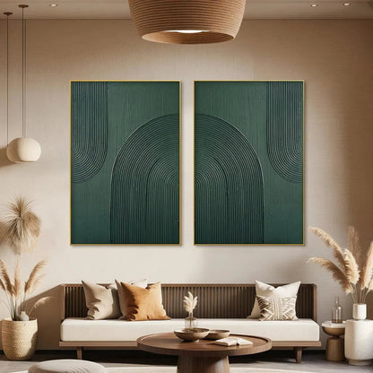 Green Textured Arches Diptych – Wabi-Sabi Abstract Oil Painting, view 5