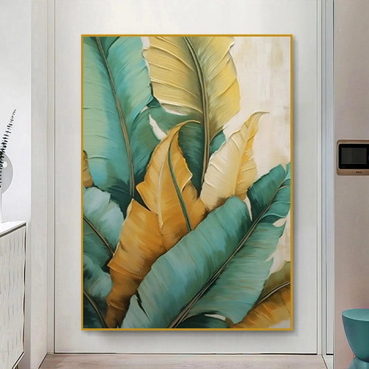 Tropical Abundance hand-painted green, gold and yellow textured botanical painting shown as stretched canvas