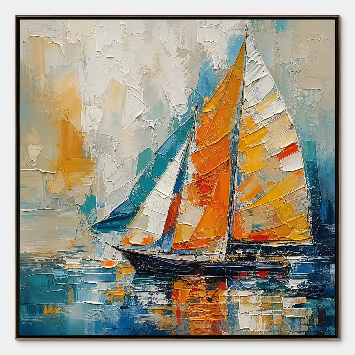 Harbor Carnival hand-painted ocean blue, ivory and soft neutral tones textured sailboat seascape painting