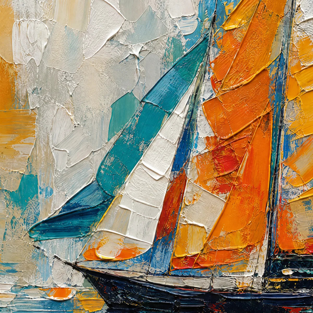 Harbor Carnival hand-painted ocean blue, ivory and soft neutral tones textured sailboat seascape painting