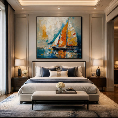 Harbor Carnival hand-painted ocean blue, ivory and soft neutral tones textured sailboat seascape painting