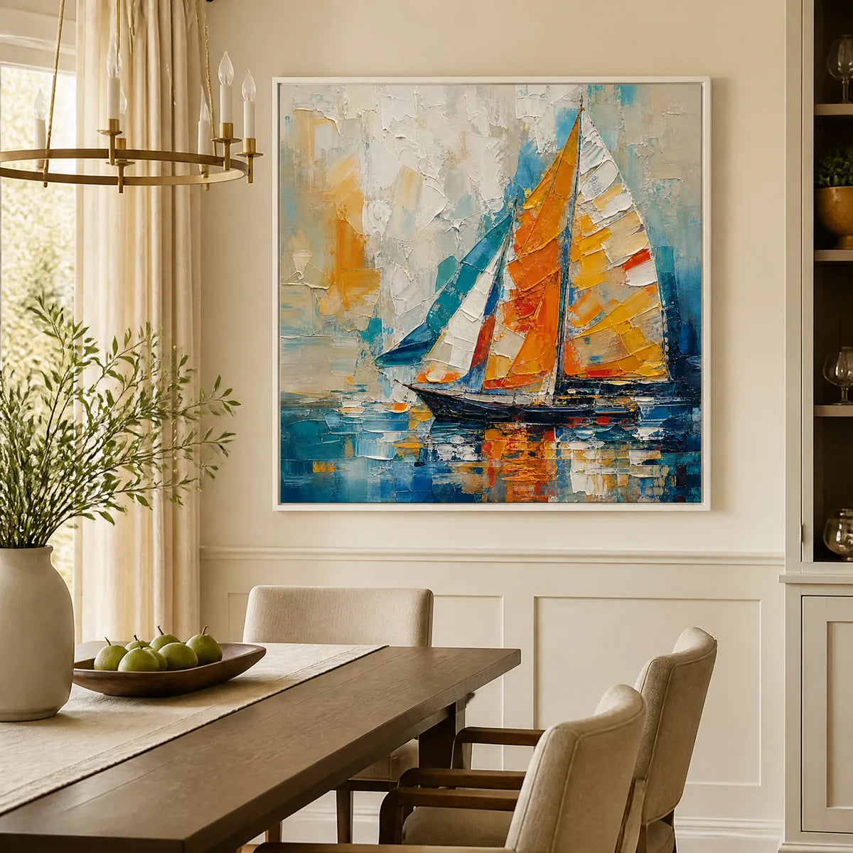 Harbor Carnival hand-painted ocean blue, ivory and soft neutral tones textured sailboat seascape painting
