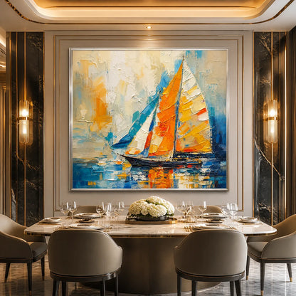Harbor Carnival hand-painted ocean blue, ivory and soft neutral tones textured sailboat seascape painting