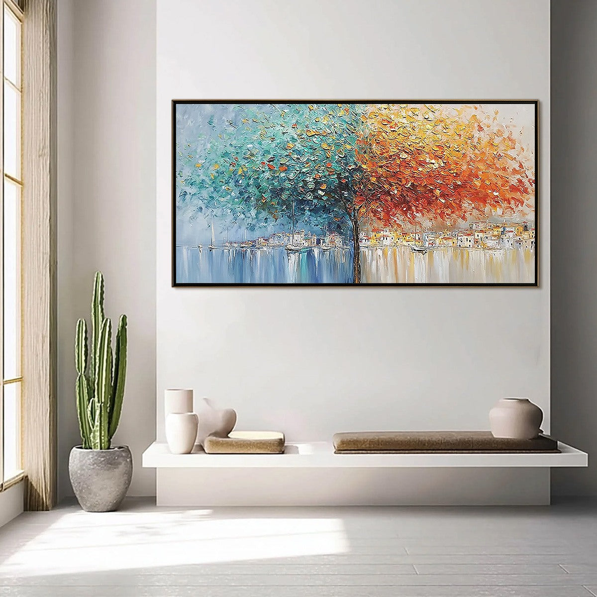 Harbor of Hues hand-painted crimson, golden yellow, turquoise and violet textured coastal landscape painting shown with silver frame
