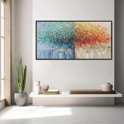 Harbor of Hues hand-painted crimson, golden yellow, turquoise and violet textured coastal landscape painting shown with silver frame