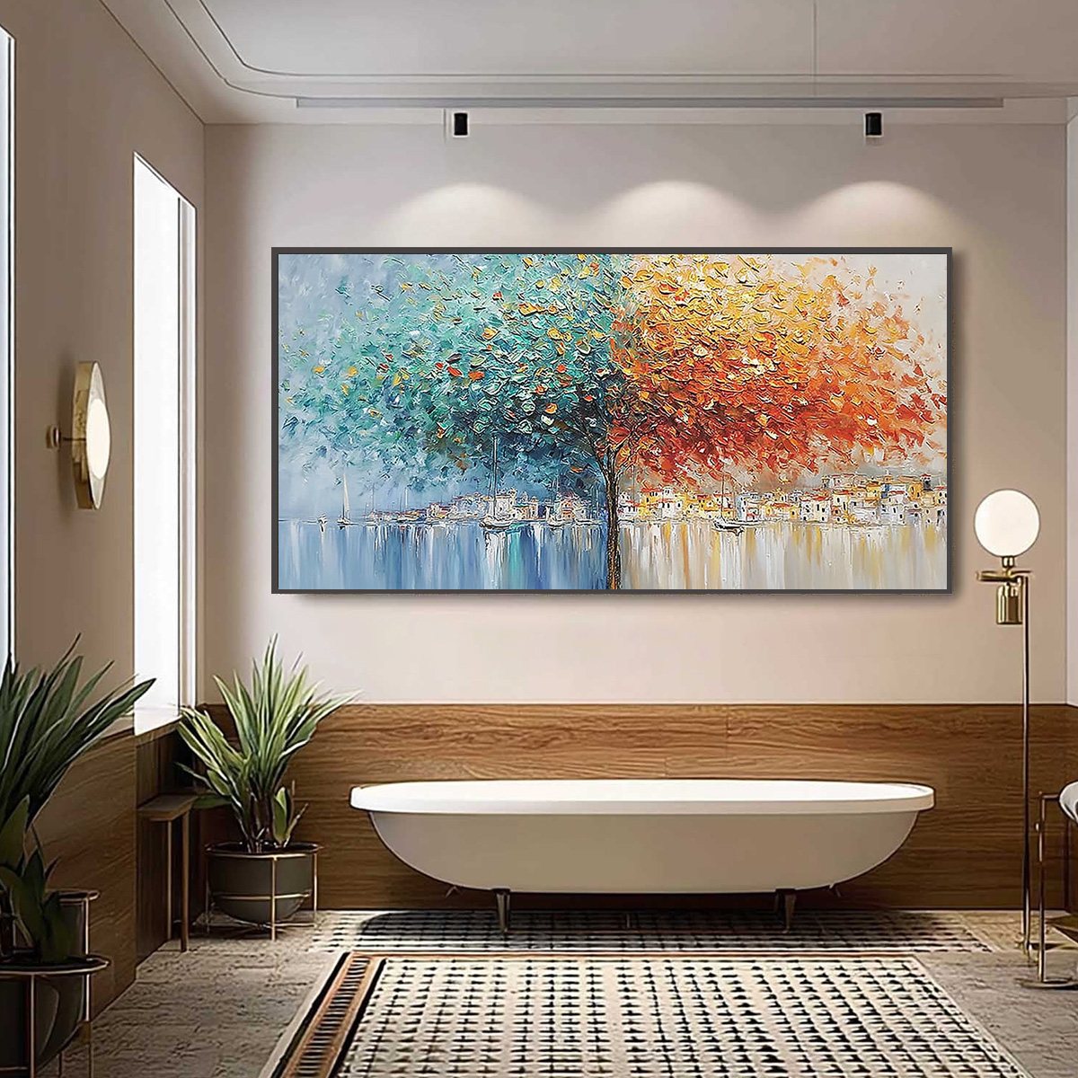Harbor of Hues hand-painted crimson, golden yellow, turquoise and violet textured coastal landscape painting shown with black frame