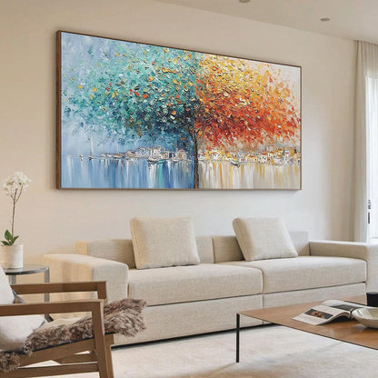 Harbor of Hues hand-painted crimson, golden yellow, turquoise and violet textured coastal landscape painting shown with wood frame