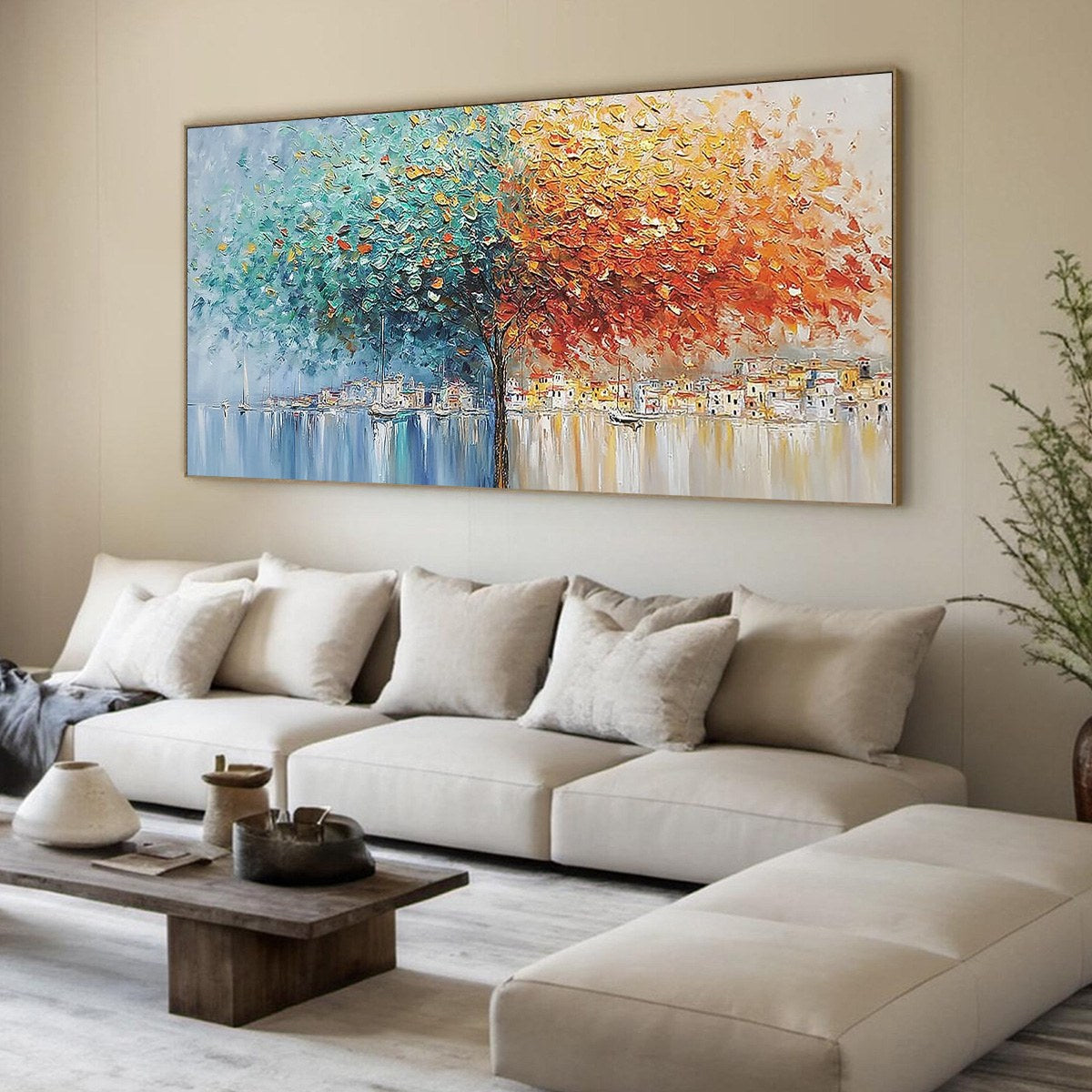 Harbor of Hues hand-painted crimson, golden yellow, turquoise and violet textured coastal landscape painting rolled canvas option
