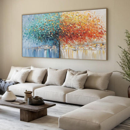 Harbor of Hues hand-painted crimson, golden yellow, turquoise and violet textured coastal landscape painting rolled canvas option