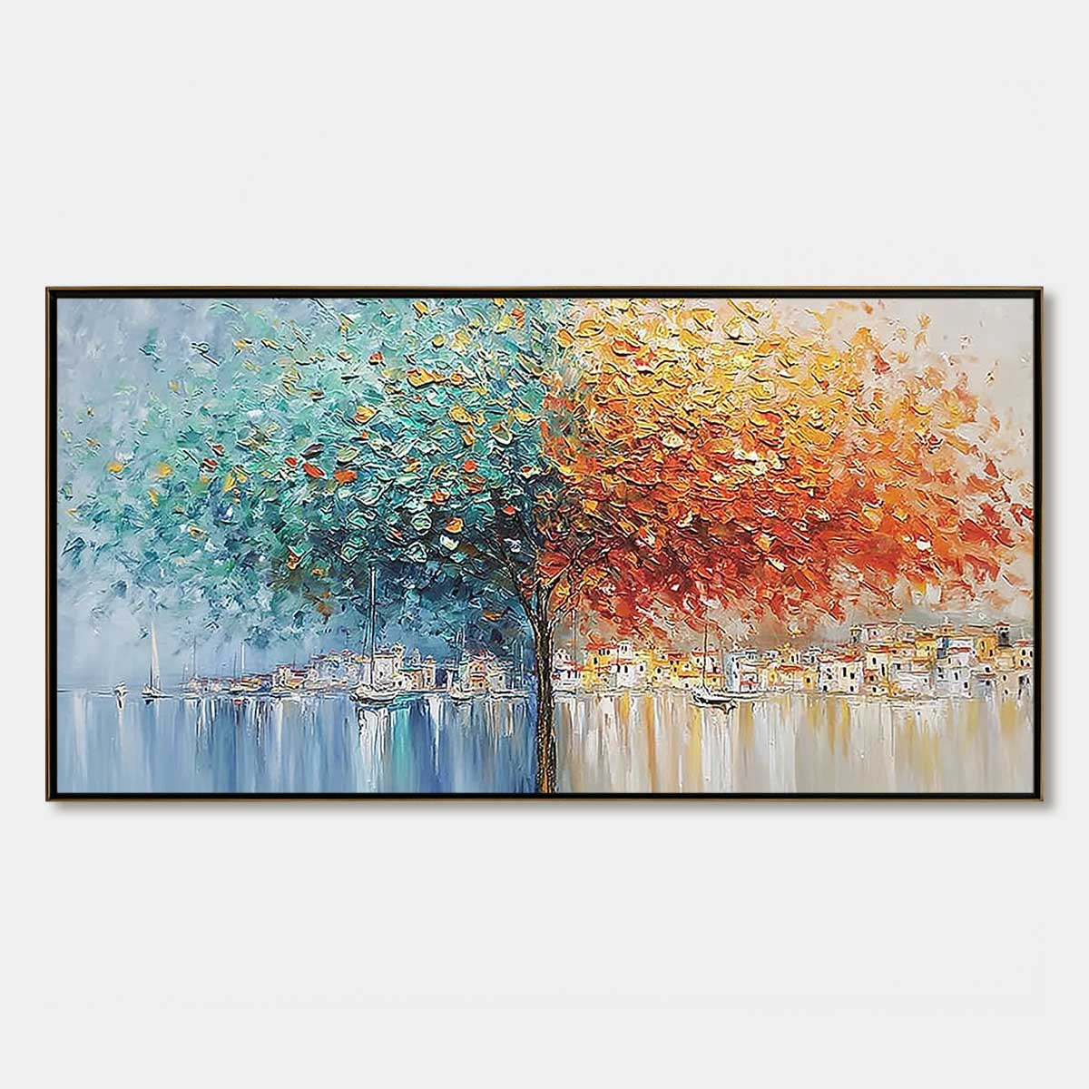 Harbor of Hues hand-painted crimson, golden yellow, turquoise and violet textured coastal landscape painting rolled canvas option