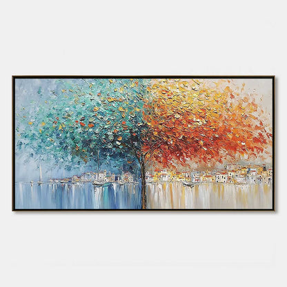 Harbor of Hues hand-painted crimson, golden yellow, turquoise and violet textured coastal landscape painting rolled canvas option